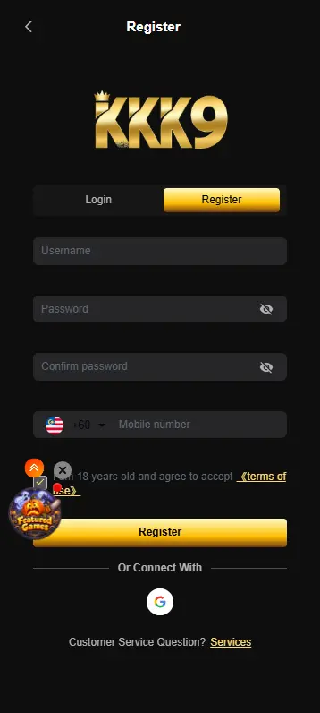 KKK9 app account registration screen