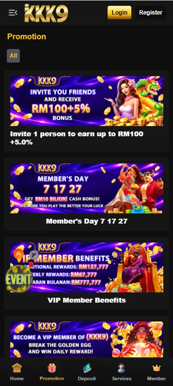 KKK9 promotions page with referral, deposit and VIP bonuses