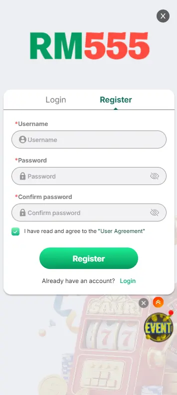 RM555 app account registration screen