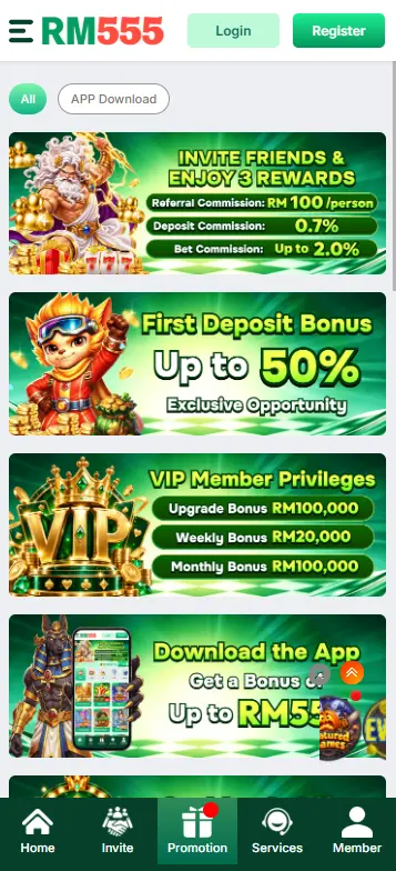 RM555 promotions page with referral, deposit and VIP bonuses